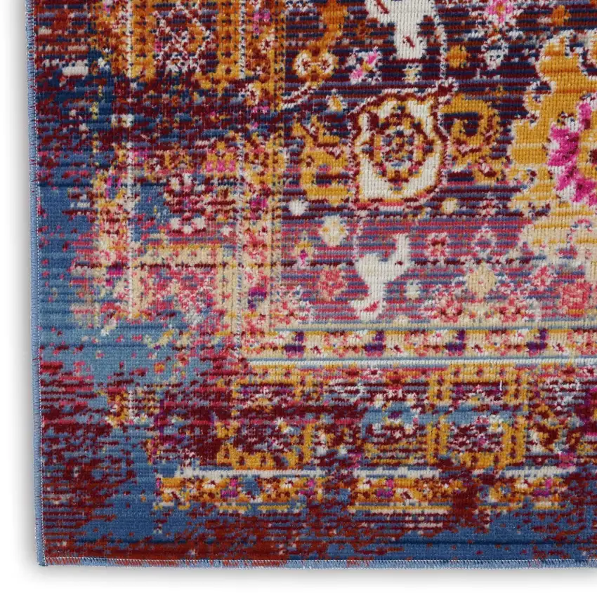 8' Blue Yellow And Red Floral Distressed Runner Rug Photo 8