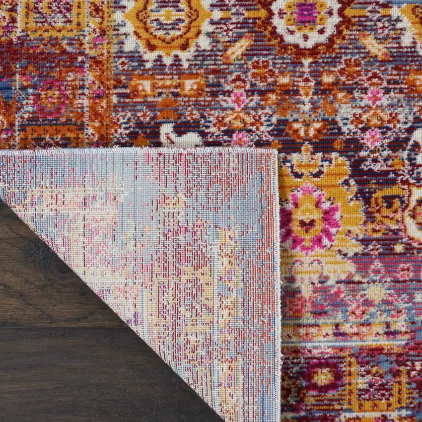 6' Blue Yellow And Red Floral Distressed Runner Rug Photo 8