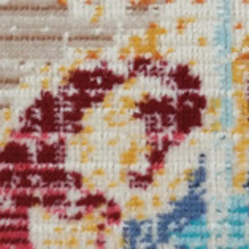 6' Blue Yellow And Red Floral Distressed Runner Rug Photo 5