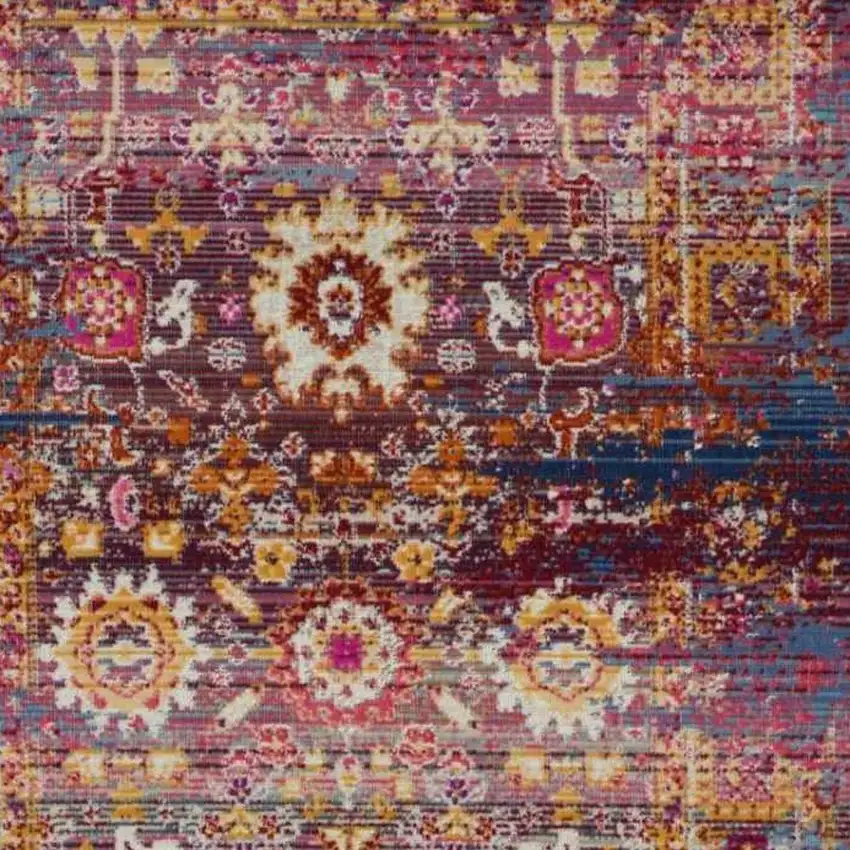 6' Blue Yellow And Red Floral Distressed Runner Rug Photo 6