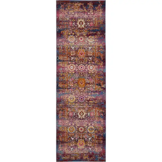 6' Blue Yellow And Red Floral Distressed Runner Rug Photo 1