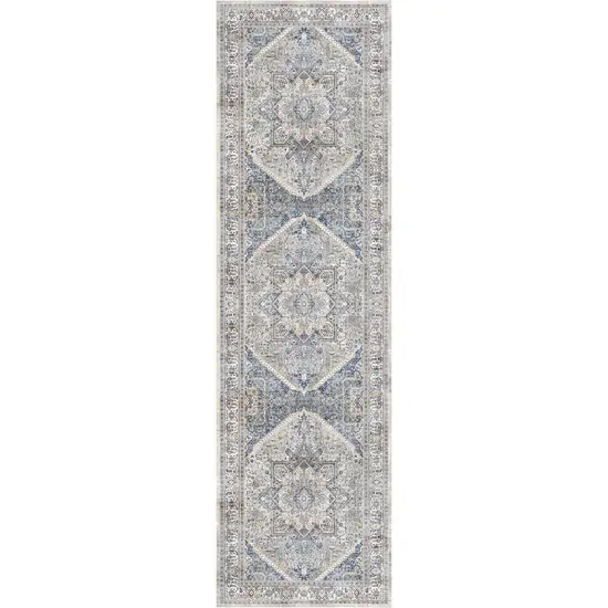 8' Blue and Beige Floral Distressed Non Skid Runner Rug Photo 9