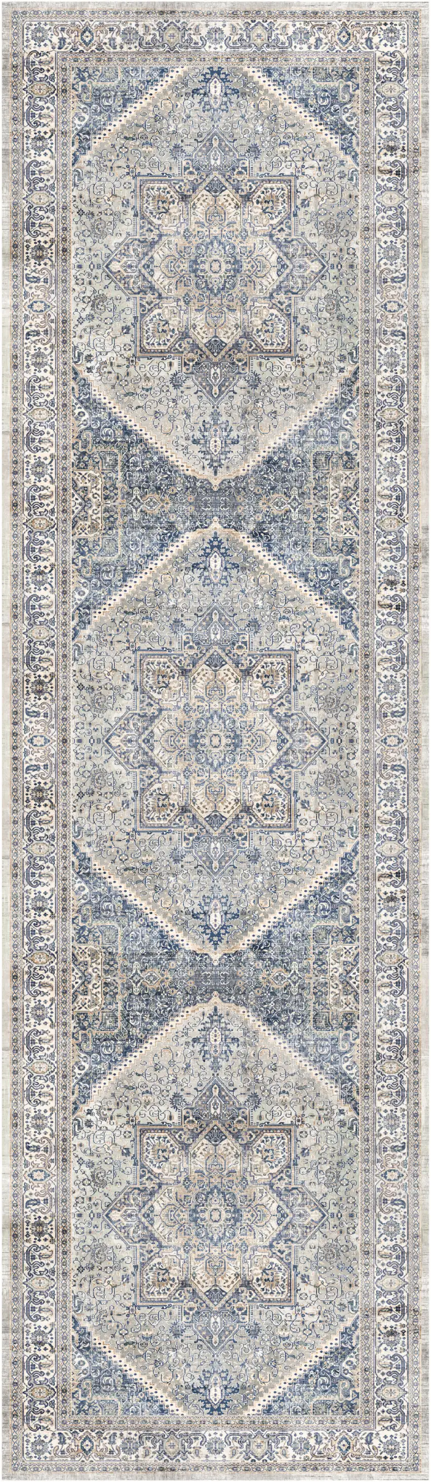 8' Blue and Beige Floral Distressed Non Skid Runner Rug Photo 9