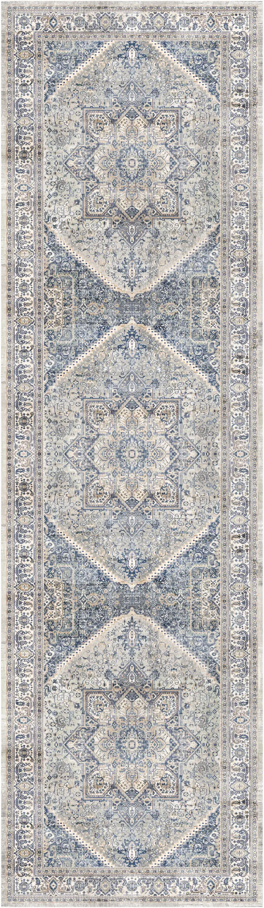 8' Blue and Beige Floral Distressed Non Skid Runner Rug Photo 2