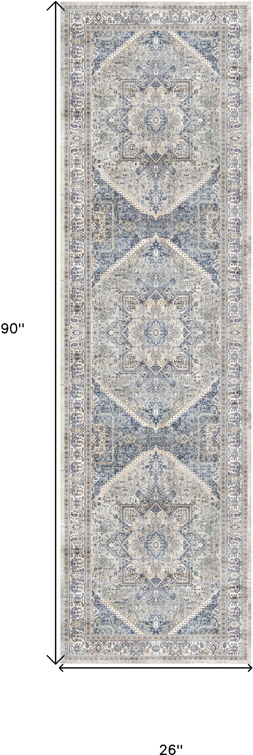 8' Blue and Beige Floral Distressed Non Skid Runner Rug Photo 3