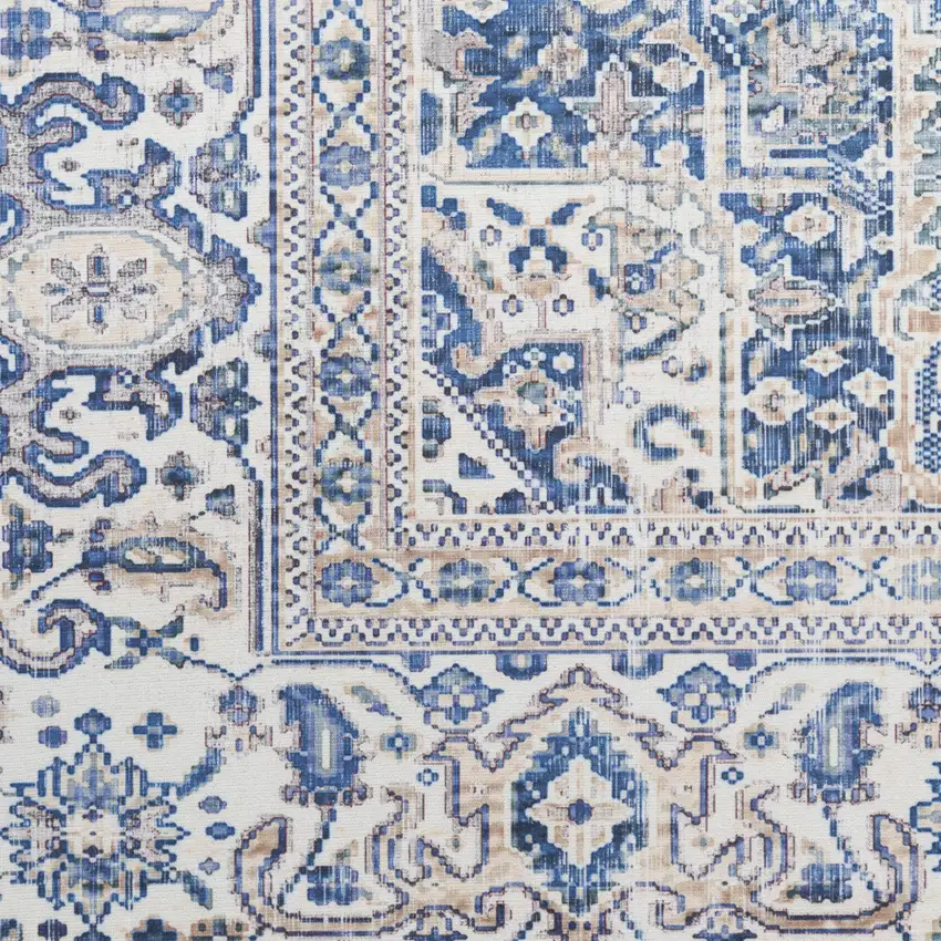 8' Blue and Beige Floral Distressed Non Skid Runner Rug Photo 6