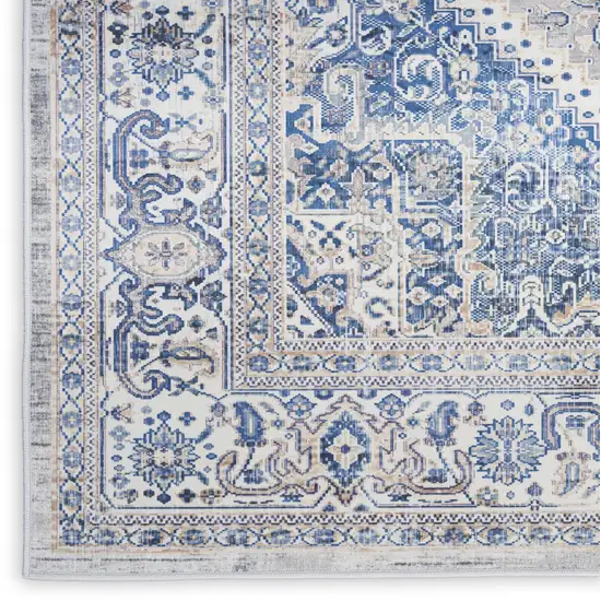 8' Blue and Beige Floral Distressed Non Skid Runner Rug Photo 8