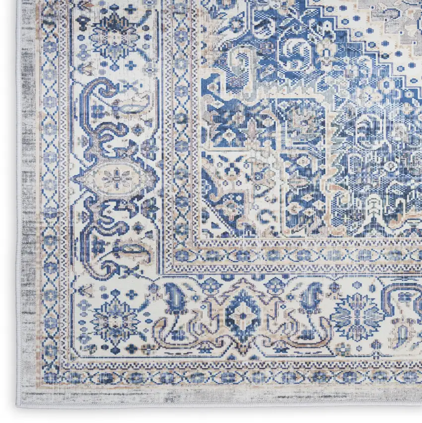 8' Blue and Beige Floral Distressed Non Skid Runner Rug Photo 8