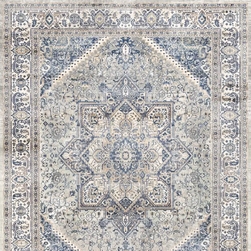 8' Blue and Beige Floral Distressed Non Skid Runner Rug Photo 8