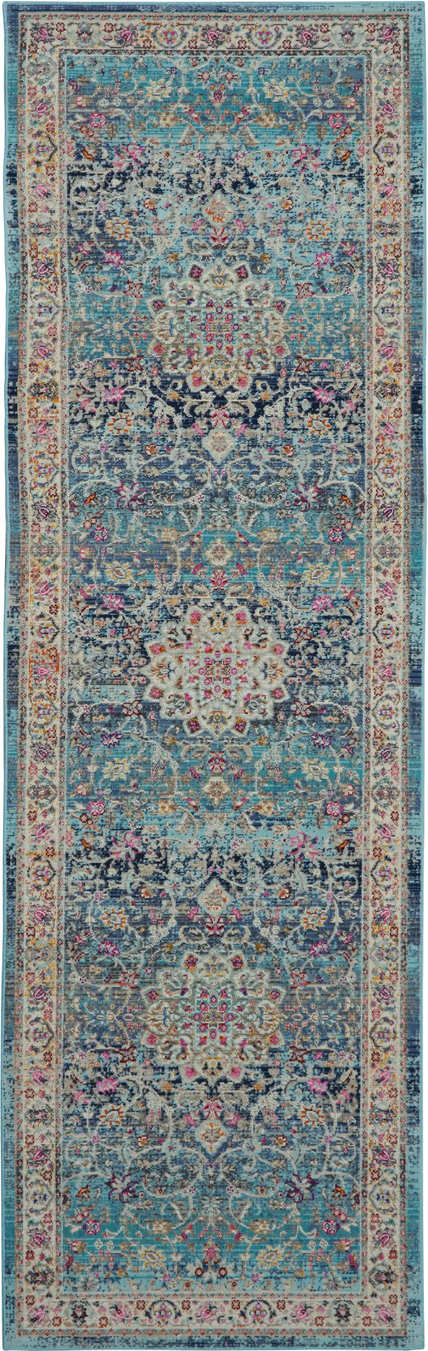 6' Blue and Beige Floral Distressed Runner Rug Photo 2
