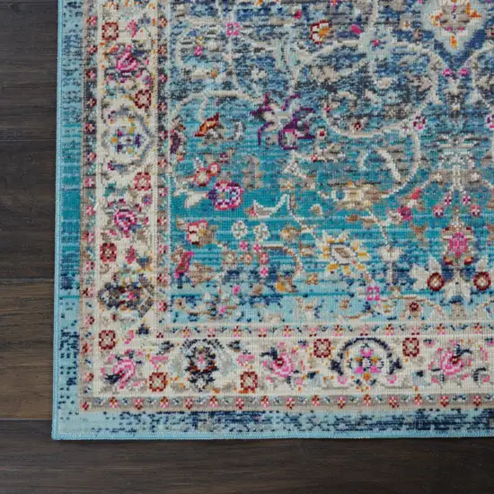 6' Blue and Beige Floral Distressed Runner Rug Photo 7