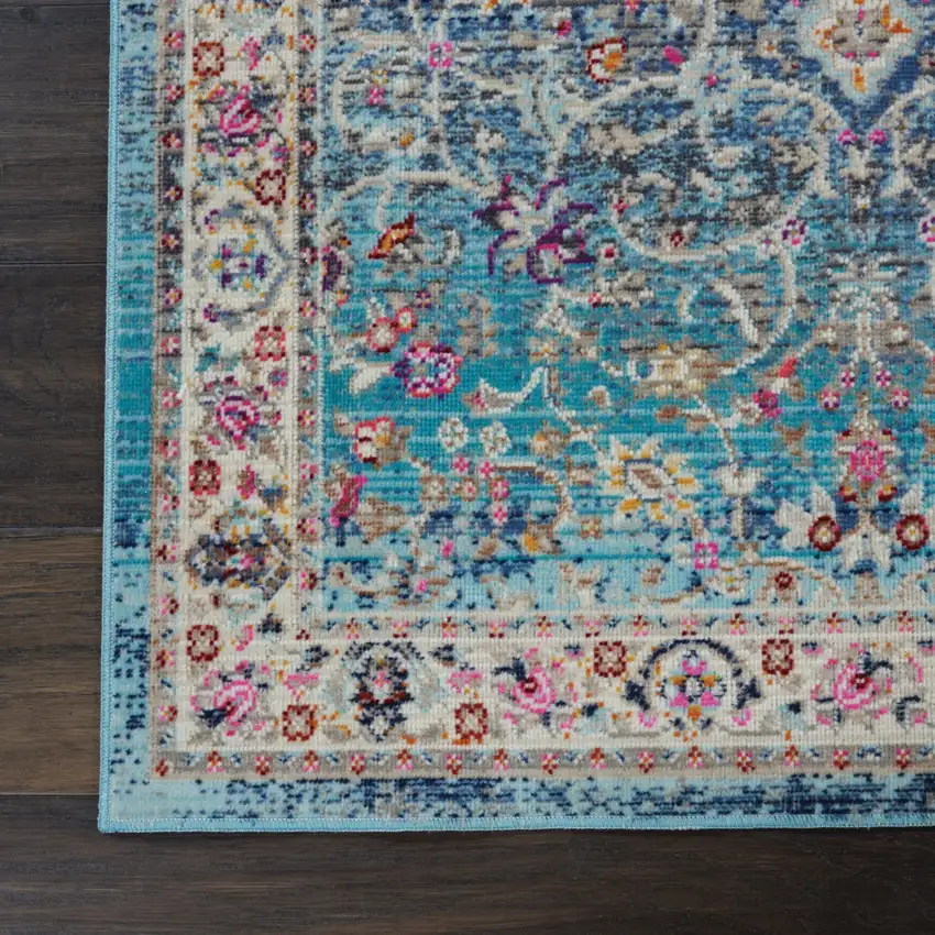 6' Blue and Beige Floral Distressed Runner Rug Photo 7
