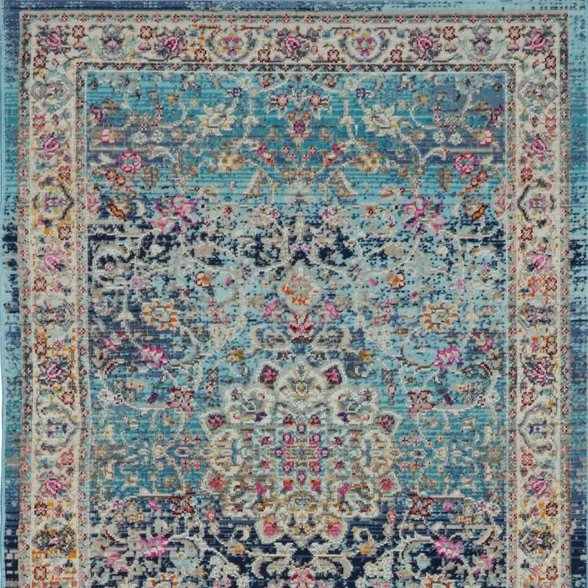 6' Blue and Beige Floral Distressed Runner Rug Photo 8
