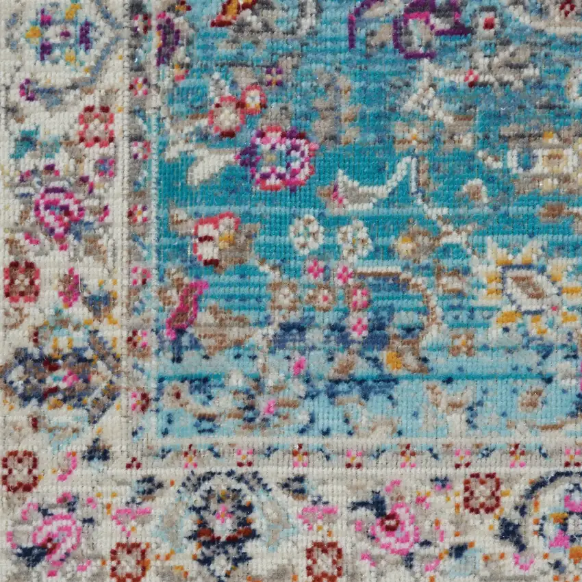6' Blue and Beige Floral Distressed Runner Rug Photo 8