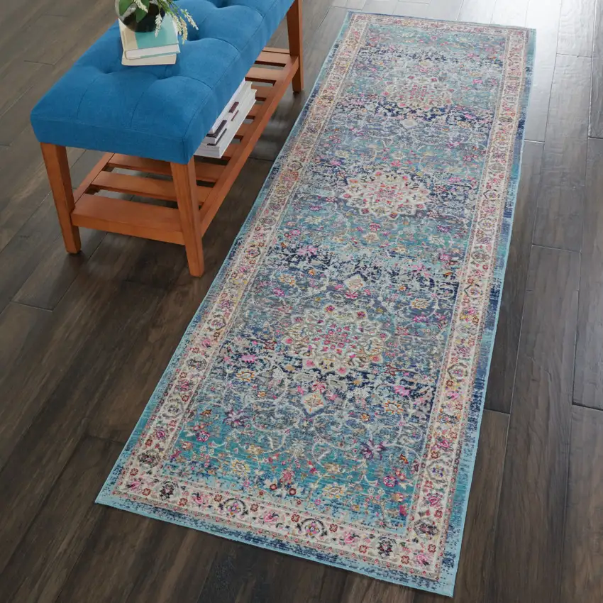 6' Blue and Beige Floral Distressed Runner Rug Photo 3