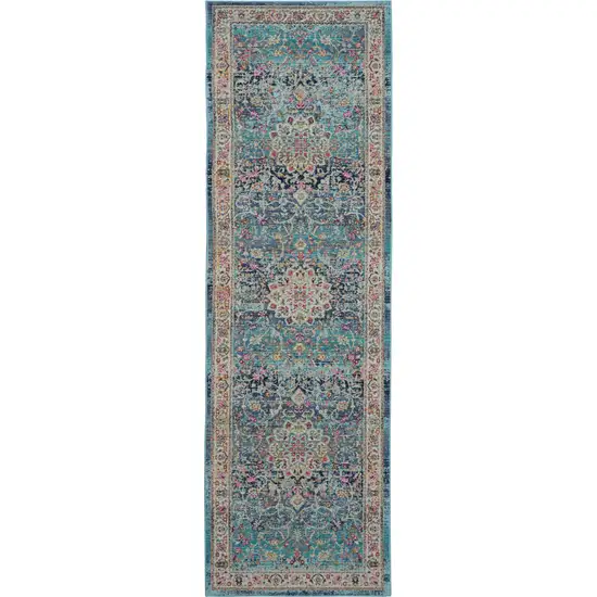 6' Blue and Beige Floral Distressed Runner Rug Photo 1