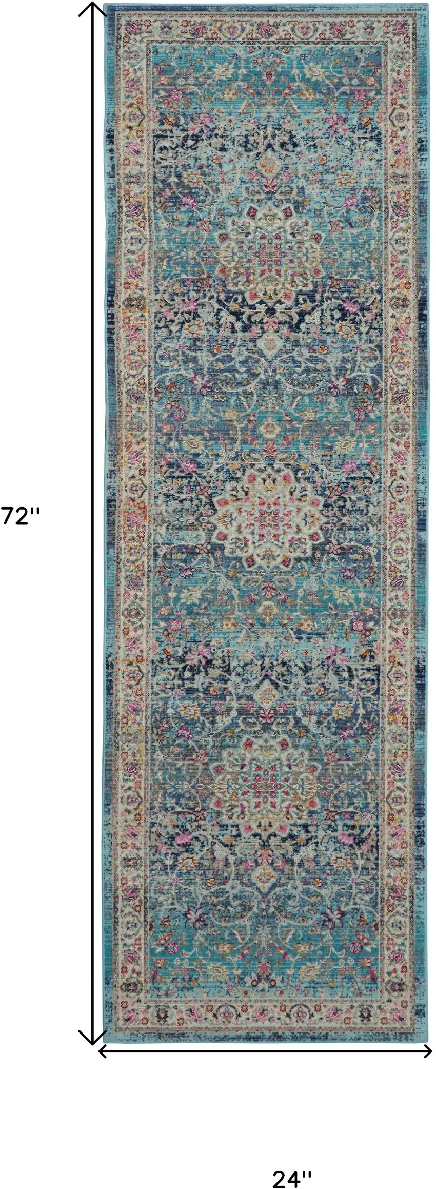 6' Blue and Beige Floral Distressed Runner Rug Photo 3