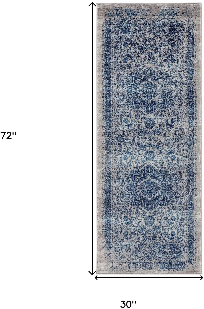 6' Blue and Beige Oriental Power Loom Runner Rug Photo 4