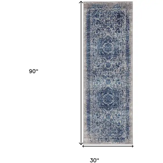 7' Blue and Beige Oriental Power Loom Runner Rug Photo 4