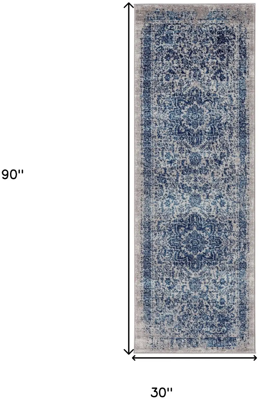 7' Blue and Beige Oriental Power Loom Runner Rug Photo 4
