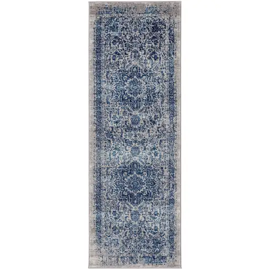 7' Blue and Beige Oriental Power Loom Runner Rug Photo 1