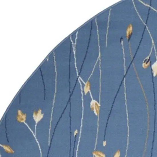 8' Blue and Beige Round Floral Power Loom Area Rug Photo 3