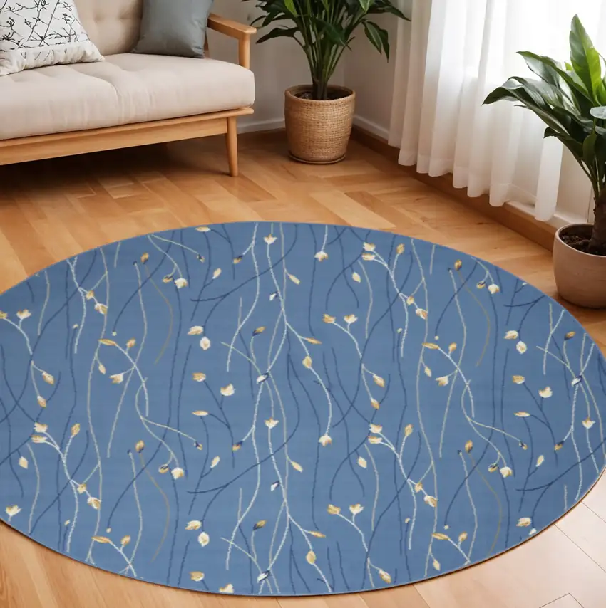 8' Blue and Beige Round Floral Power Loom Area Rug Photo 1