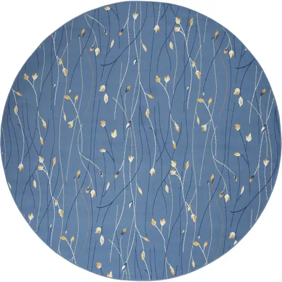 8' Blue and Beige Round Floral Power Loom Area Rug Photo 4