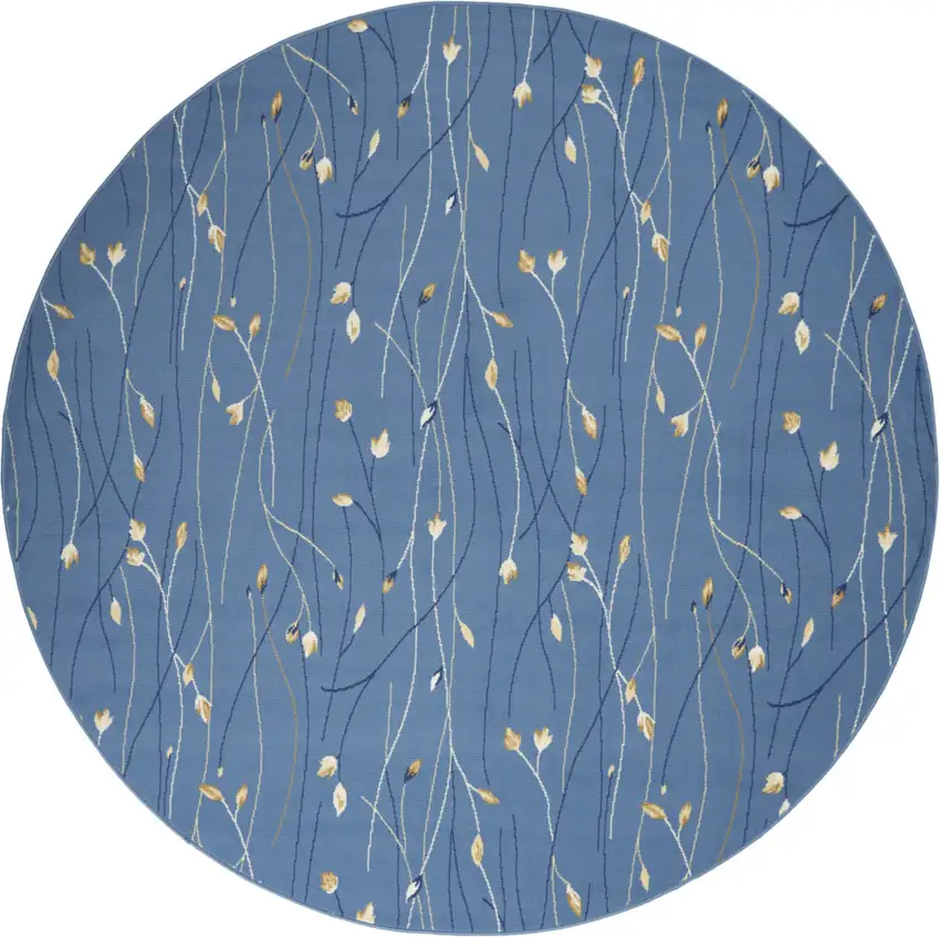 8' Blue and Beige Round Floral Power Loom Area Rug Photo 4