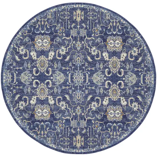8' Blue and Beige Round Floral Power Loom Area Rug Photo 3