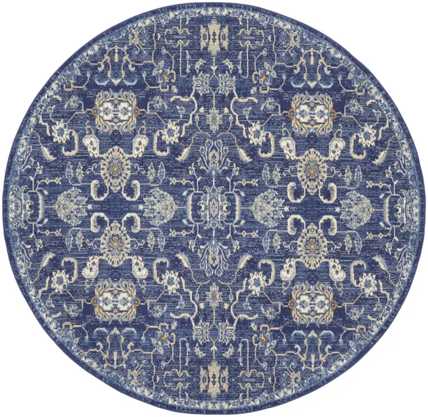8' Blue and Beige Round Floral Power Loom Area Rug Photo 3