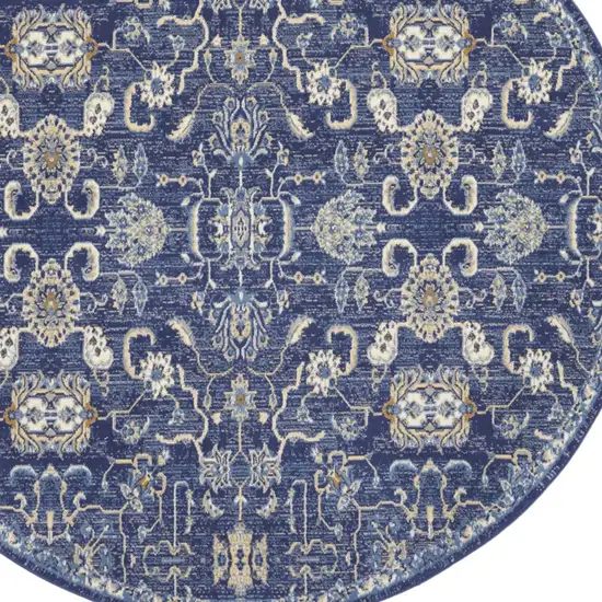 8' Blue and Beige Round Floral Power Loom Area Rug Photo 7