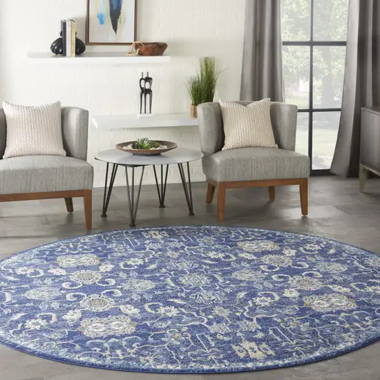 8' Blue and Beige Round Floral Power Loom Area Rug Photo 5
