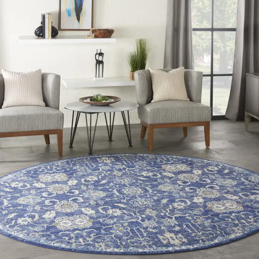 8' Blue and Beige Round Floral Power Loom Area Rug Photo 5