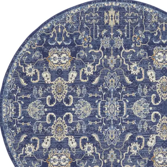 8' Blue and Beige Round Floral Power Loom Area Rug Photo 1