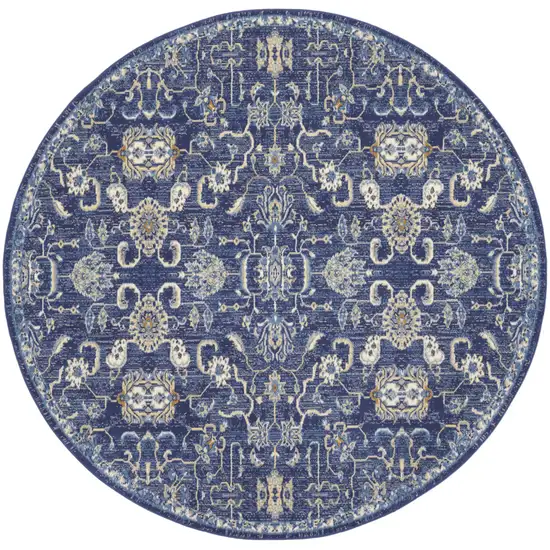 8' Blue and Beige Round Floral Power Loom Area Rug Photo 4
