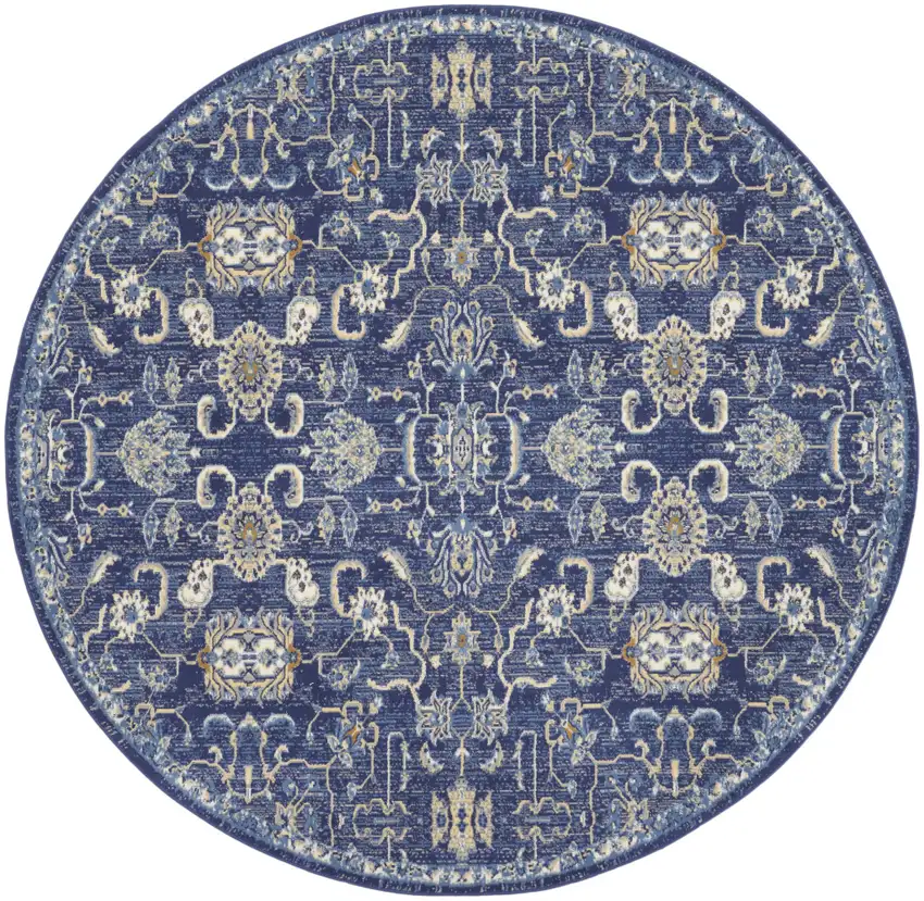 8' Blue and Beige Round Floral Power Loom Area Rug Photo 4