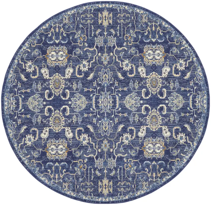 8' Blue and Beige Round Floral Power Loom Area Rug Photo 2