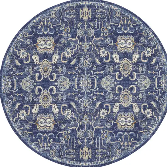 8' Blue and Beige Round Floral Power Loom Area Rug Photo 8