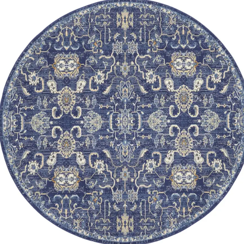 8' Blue and Beige Round Floral Power Loom Area Rug Photo 8