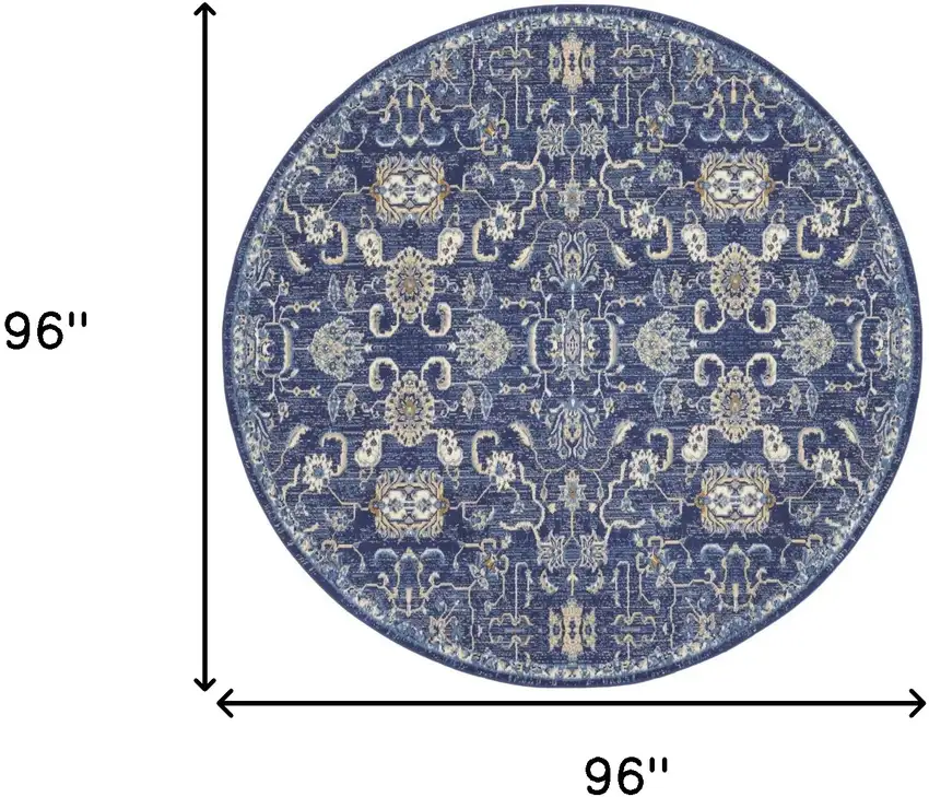 8' Blue and Beige Round Floral Power Loom Area Rug Photo 3