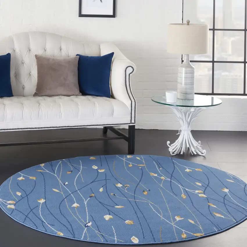 4' Blue And Beige Floral Vines Round Rug Photo 4