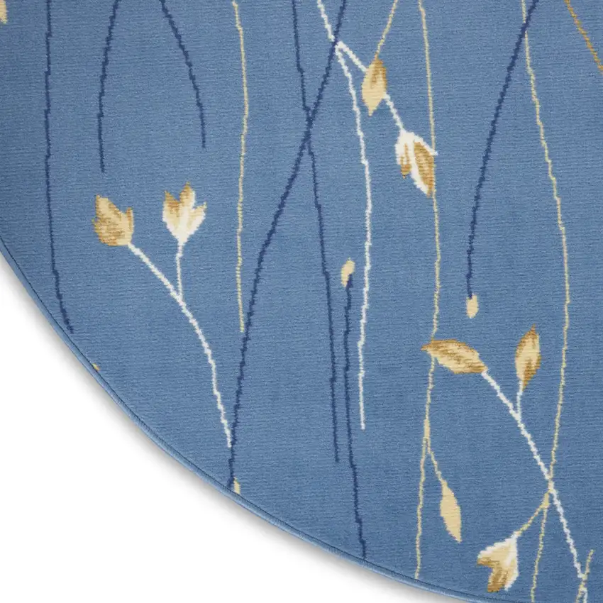 4' Blue And Beige Floral Vines Round Rug Photo 8