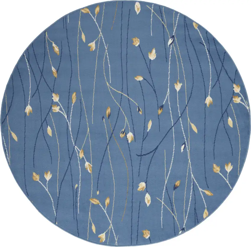 4' Blue And Beige Floral Vines Round Rug Photo 2
