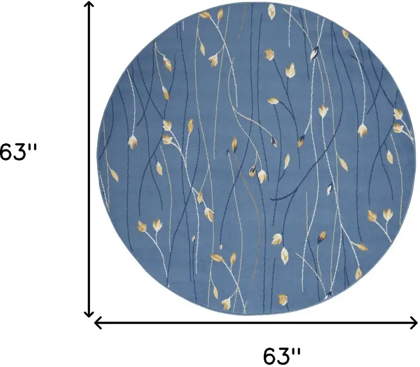 5' Blue and Beige Round Floral Vines Power Loom Area Rug Photo 3