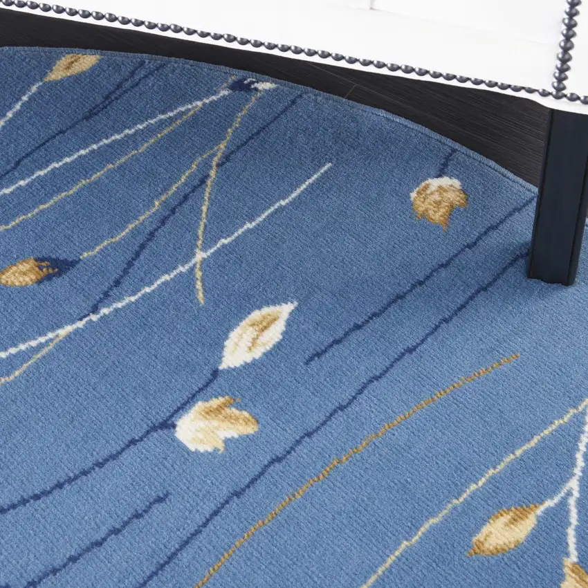 5' Blue and Beige Round Floral Vines Power Loom Area Rug Photo 9