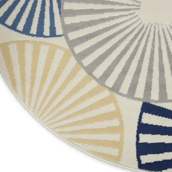 5' Blue and Beige Round Geometric Power Loom Area Rug Photo 8