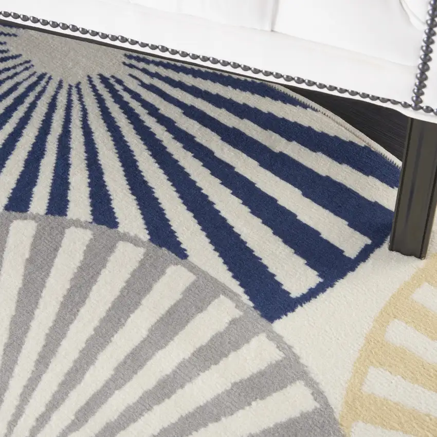 5' Blue and Beige Round Geometric Power Loom Area Rug Photo 9