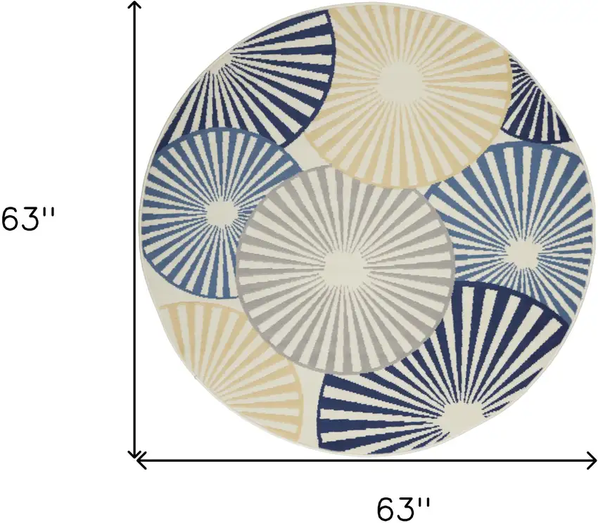 5' Blue and Beige Round Geometric Power Loom Area Rug Photo 3