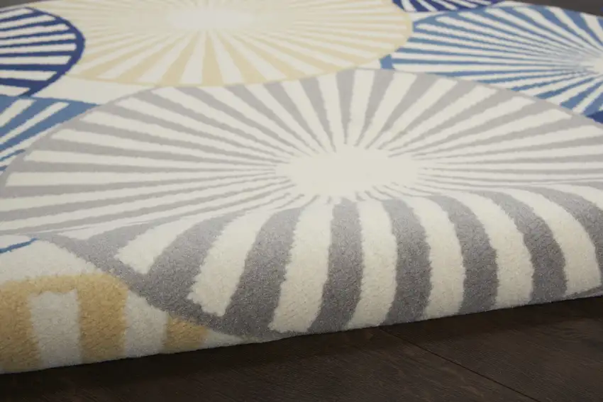 5' Blue and Beige Round Geometric Power Loom Area Rug Photo 9